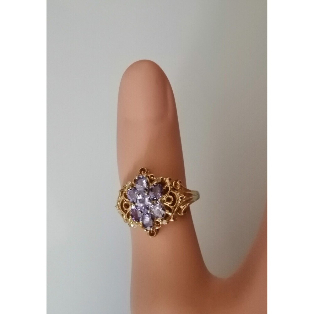 VINTAGE STERLING SILVER 925 VERMEIL PURPLE STONES Ornate DOME RING SIZE 6 3/4